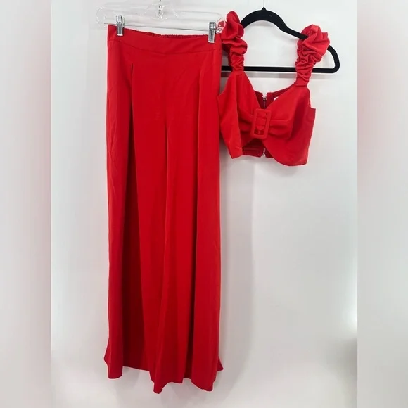 Chicways red matching pants set with crop top and wide leg trousers size s small - Picture 3 of 11